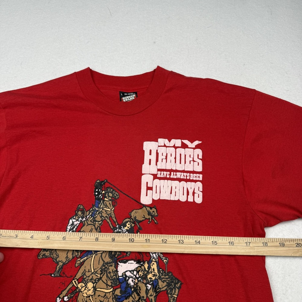 Vintage My Heroes Have Always Been Cowboys Shirt Mens Large Red Made in USA 90s - Picture 5 of 7